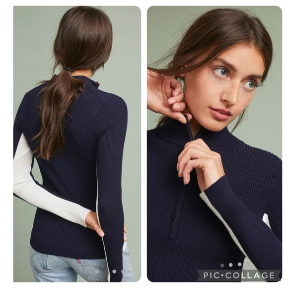 Anthropologie moth varsity ribbed half zip blue white striped sweater medium - Picture 14 of 17